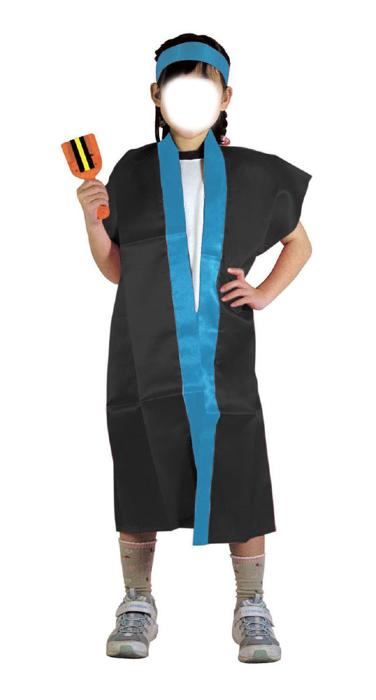 サテンロングハッピ　黒　襟青　S（ハチマキ付）2