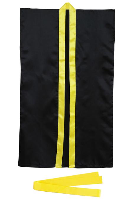 サテンロングハッピ　黒　襟黄　S（ハチマキ付）0