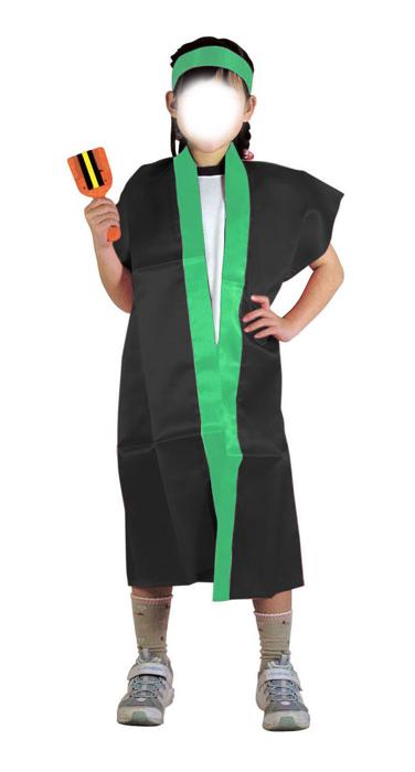 サテンロングハッピ　黒　襟緑　S（ハチマキ付）2