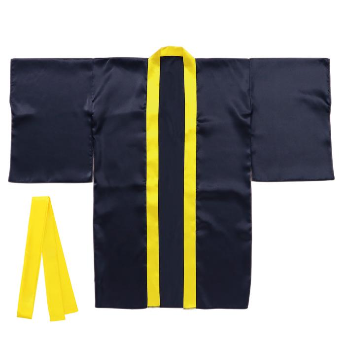 ソフトサテン　ロングハッピ袖付　黒　襟黄　M（ハチマキ付）0