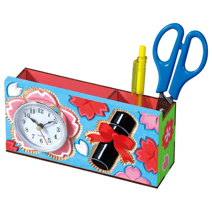 木彫ペン立て時計0