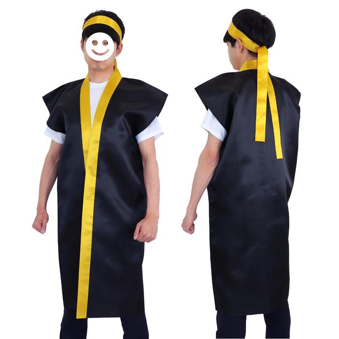 サテンロングハッピ　黒　襟金　L（ハチマキ金付）0