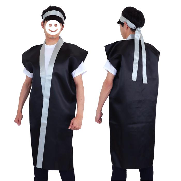 サテンロングハッピ 黒 襟銀 L(ハチマキ銀付)0