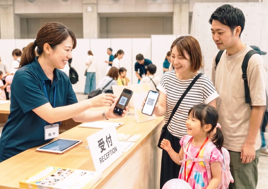 受付でスマホのQRコードを読み取る家族