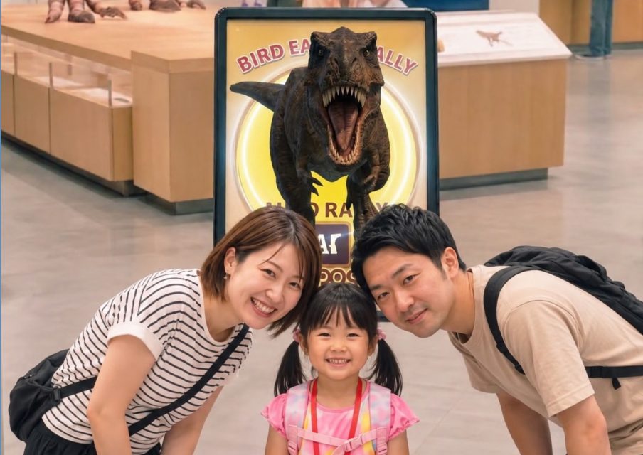 ARの恐竜と記念撮影する家族