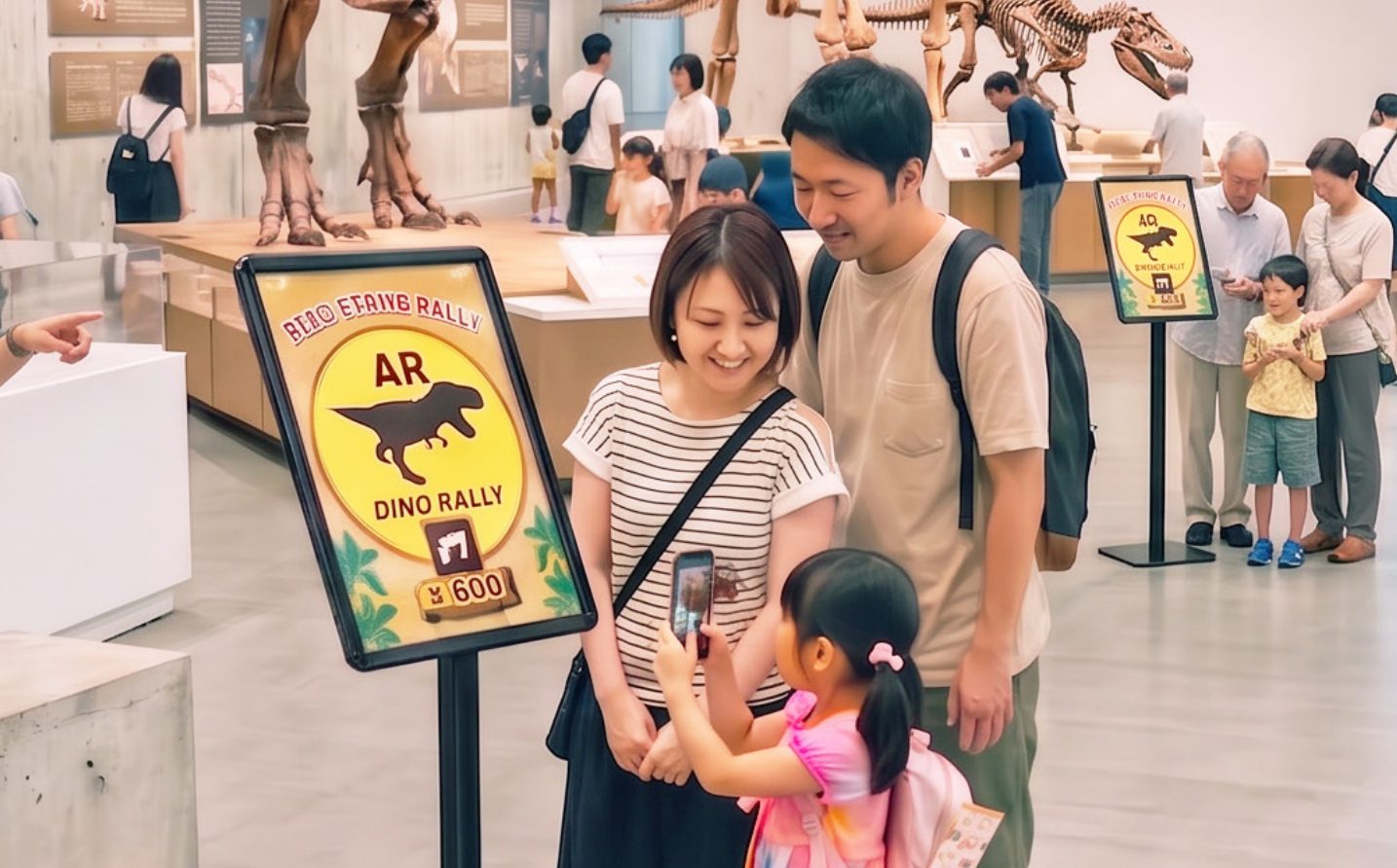 会場のマーカーをスマホで読み取る親子