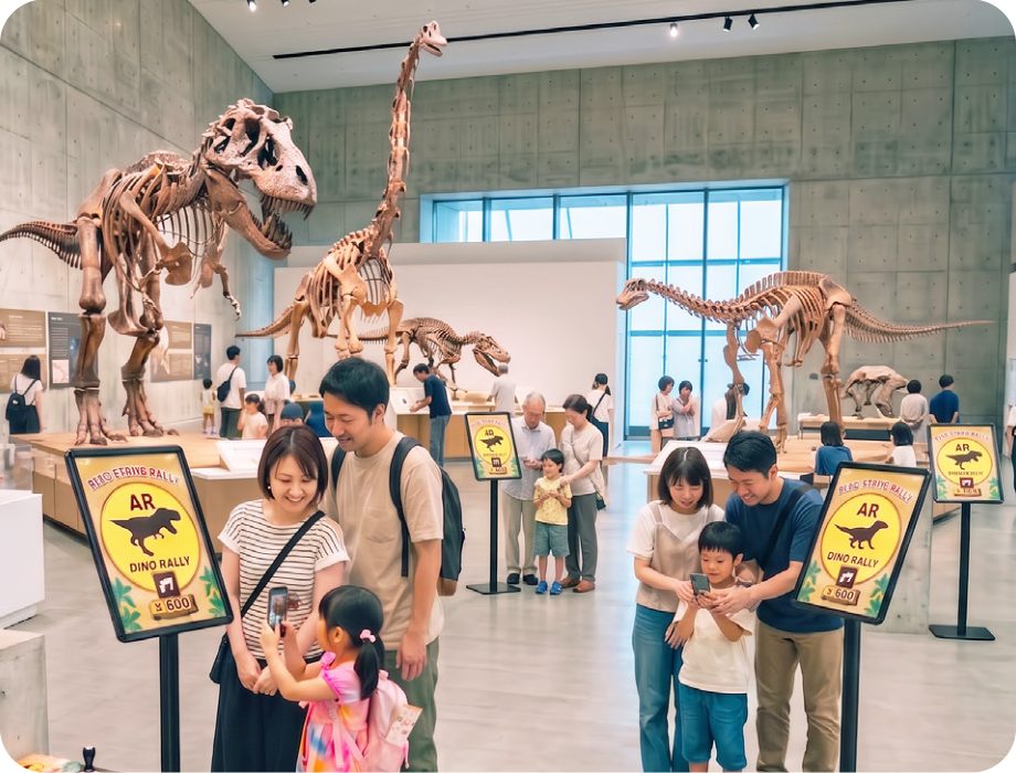 博物館でARスタンプラリーを楽しむ家族連れ