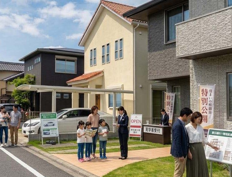 住宅展示場を見学する家族連れ