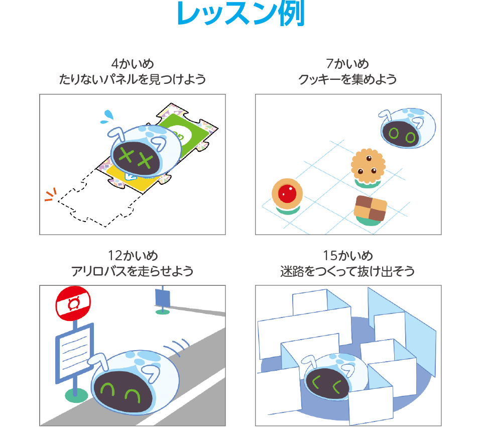 レッスン例,4かいめ たりないパネルを見つけよう,7かいめ クッキーを集めよう,12かいめ アリロバスを走らせよう,15かいめ 迷路をつくって抜け出そう