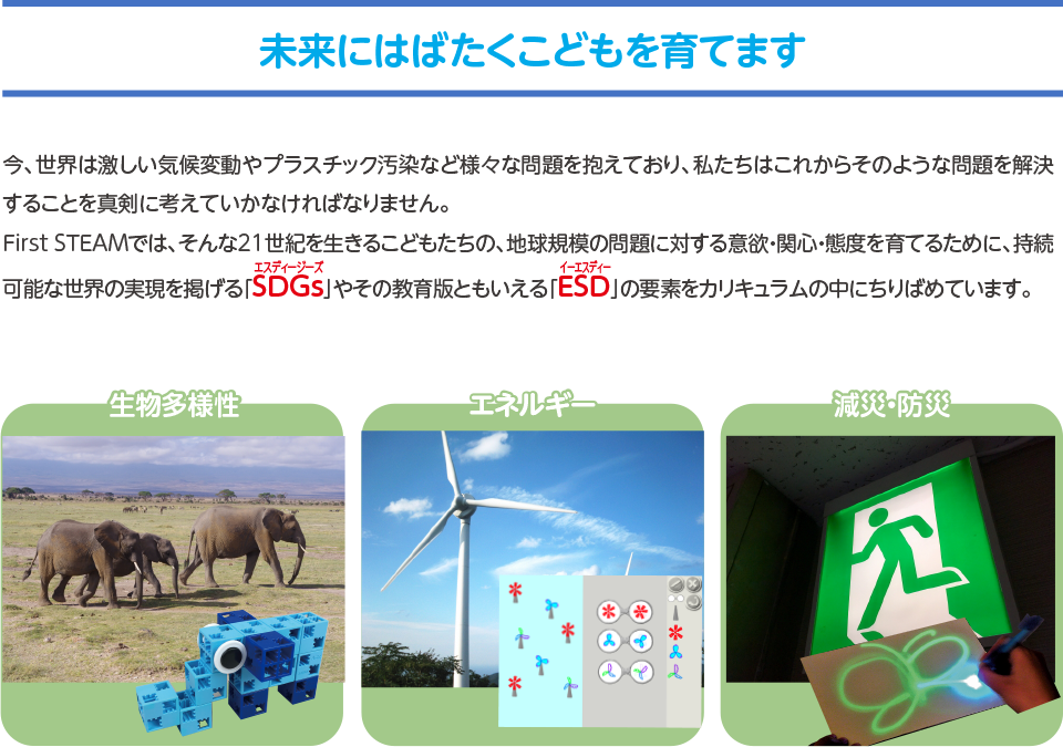 未来にはばたくこどもを育てます,今、世界は激しい気候変動やプラスチック汚染など様々な問題を抱えており、私たちはこれからそのような問題を解決することを真剣に考えていかなければなりません。
First STEAMでは、そんな21世紀を生きるこどもたちの、地球規模の問題に対する意欲・関心・態度を育てるために、持続可能な世界の実現を掲げる「SDGs」やその教育版ともいえる「ESD」の要素をカリキュラムの中にちりばめています。,生物多様性,エネルギー,減災・防災